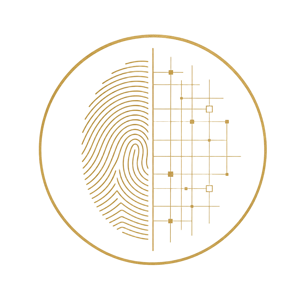 BetweenLight mark: a brass seam dividing a fingerprint and a digital grid